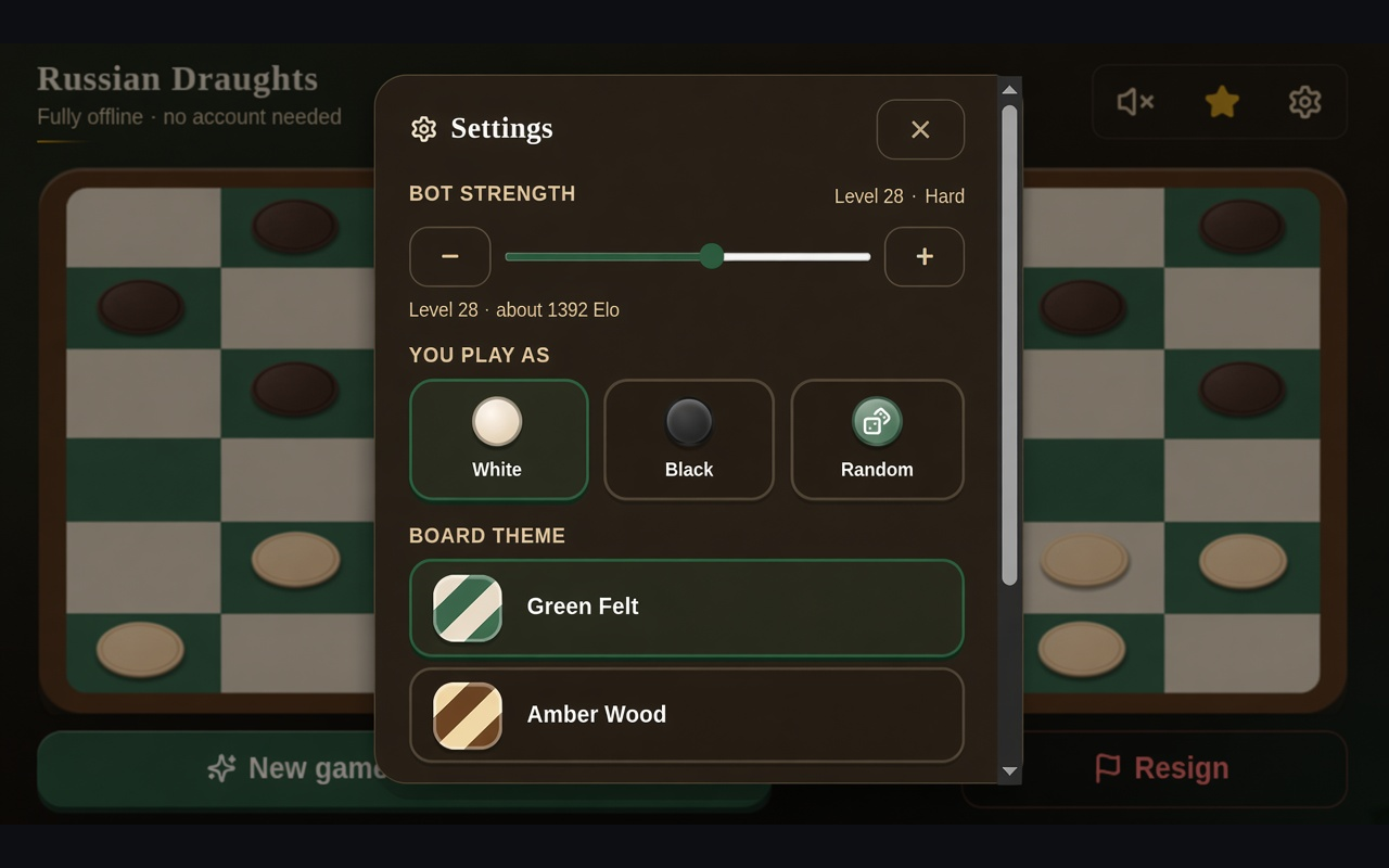 Russian Draughts settings screen